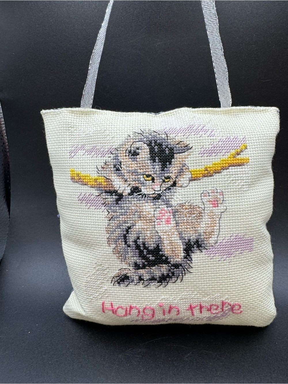 VTG Handmade “Hang in There” Kitten Cross-stitch Pillow Door Hanger Gift
